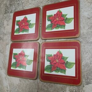 Vintage Festive Red Poinsettia Cork Backed Drink Coasters